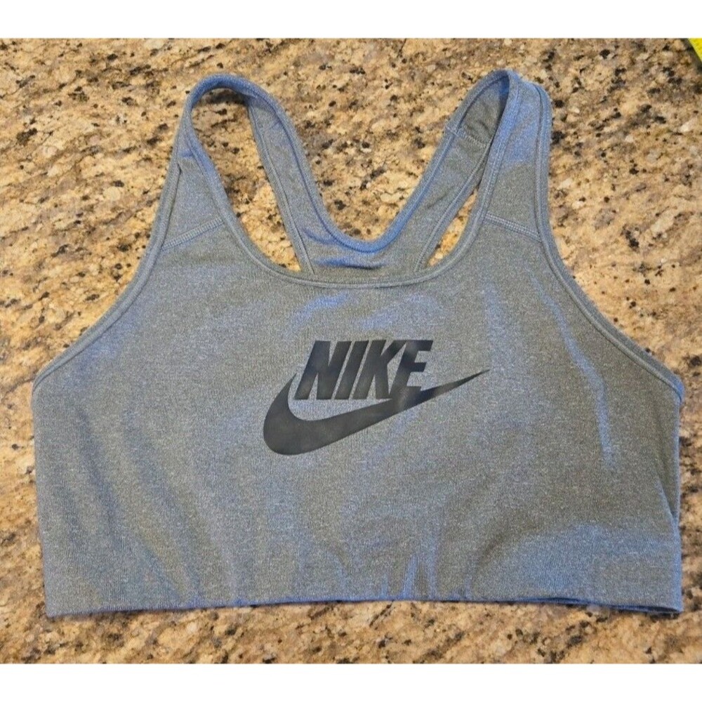 Nike Women's Dri-Fit Racerback Sports Bra Size XL Gray with Black Swoosh Logo